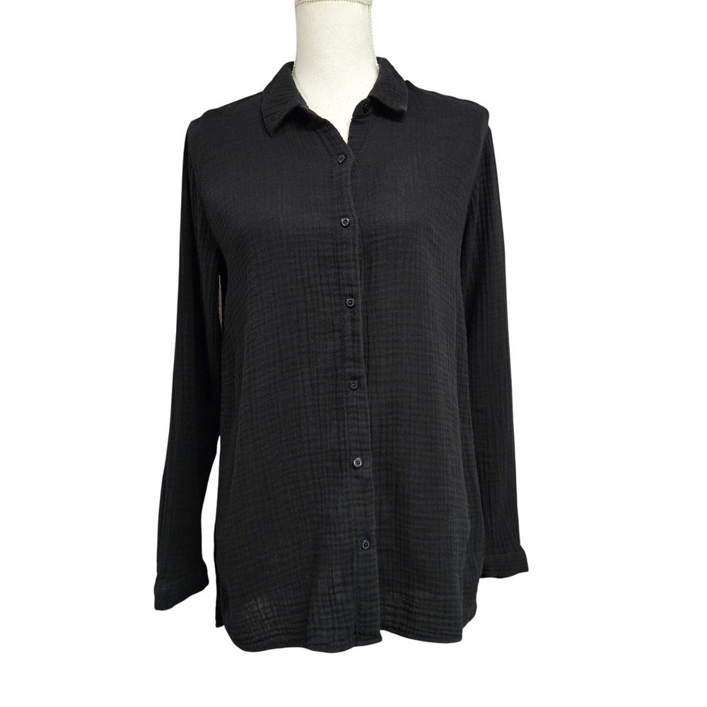 Eileen Fisher Organic Cotton Gauze Button Down Long Sleeve Shirt Black Beach XXS